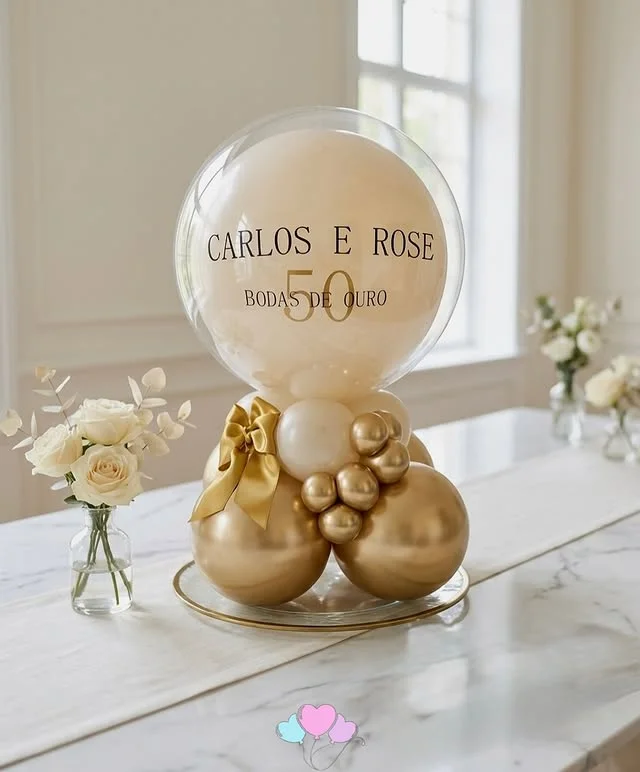 Gold balloon centerpiece with the couple names and the number 50 beside white roses on a marble table