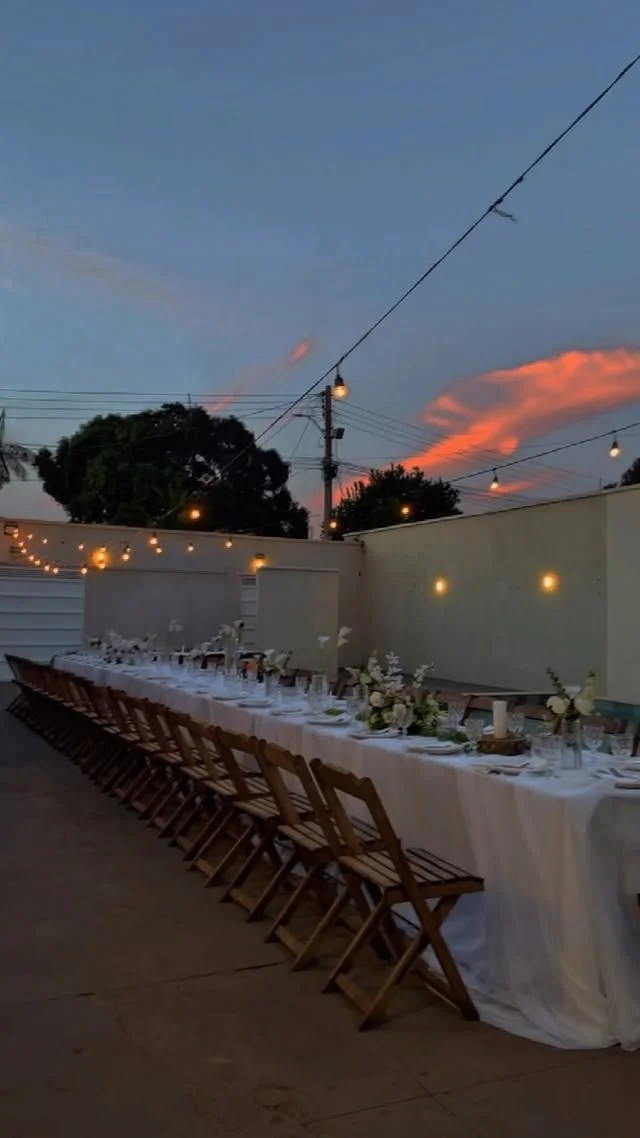 Long outdoor dinner table set with white linen, low flowers and string lights for many guests