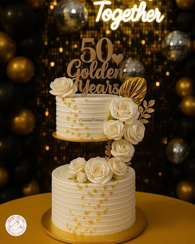 Two tier cake with gold flakes, roses and a golden topper for a milestone celebration