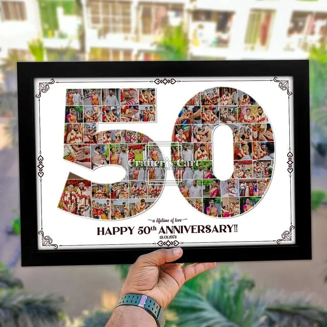 Photo collage shaped like the number 50 made from many family photographs