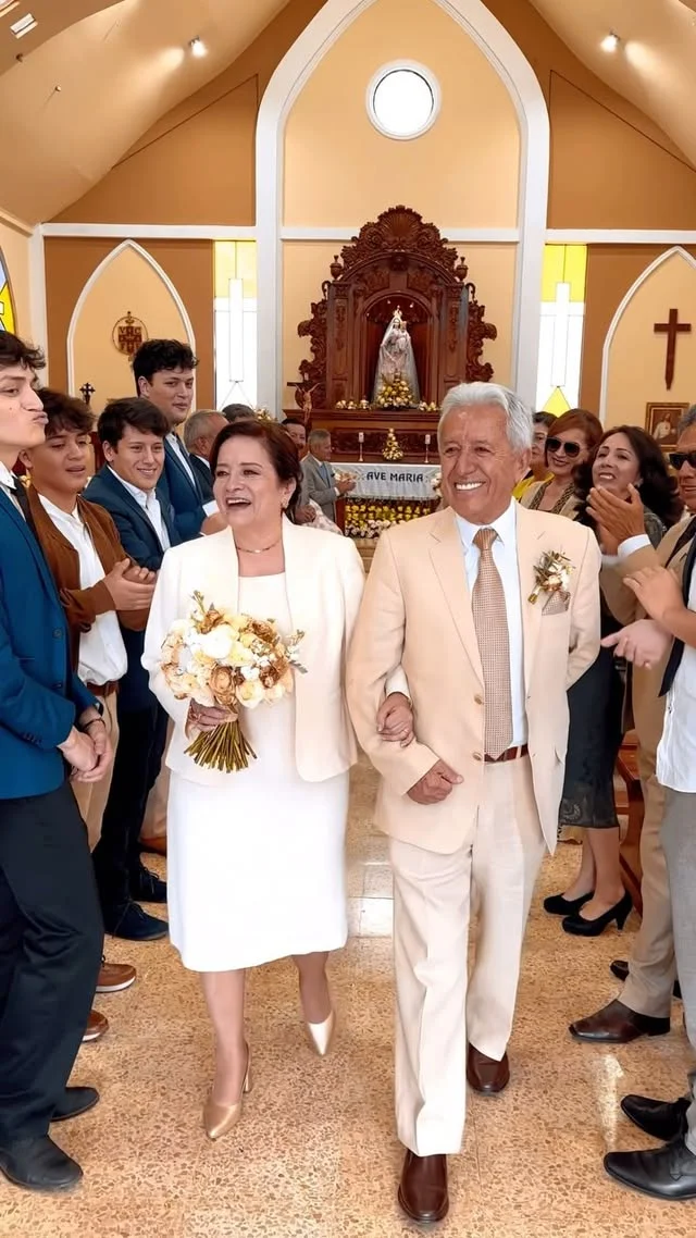 Couple renewing their vows at a golden celebration ceremony with family watching