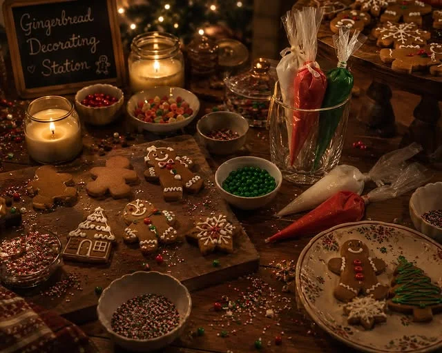 Gingerbread decorating station with cookies, icing bags, and a chalkboard sign on a rustic wooden table