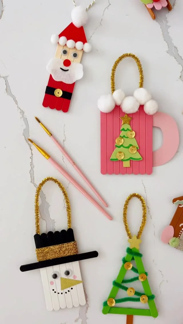 Popsicle stick Christmas ornaments shaped as Santa snowman mug and tree