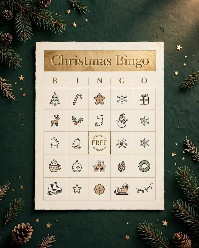 Christmas picture bingo card with gold header on a dark green background