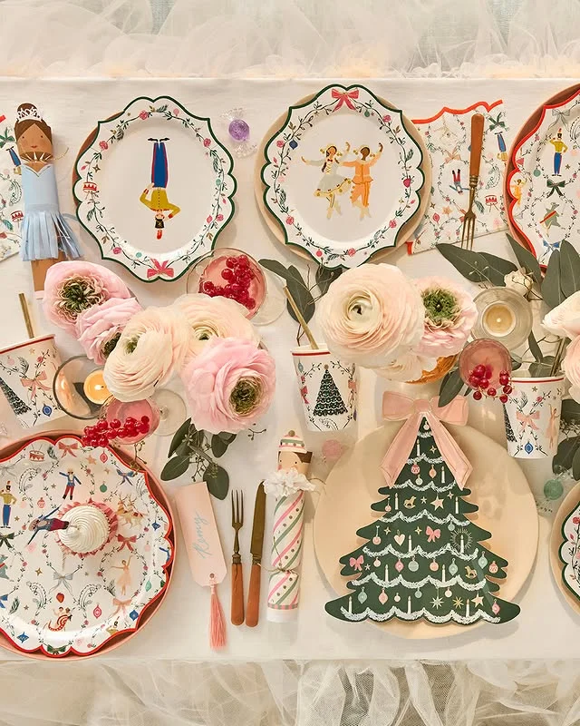 Elaborately set holiday dinner table from above
