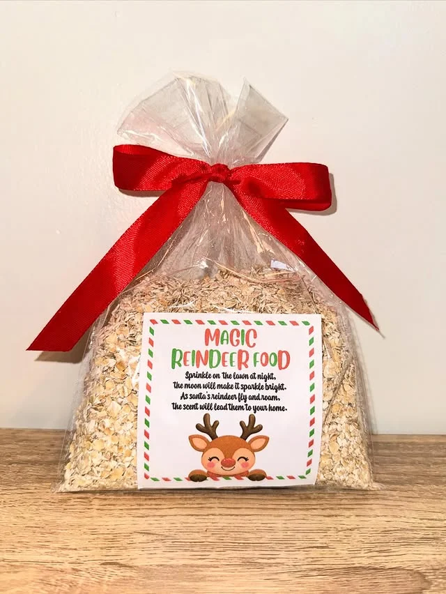Cellophane bag of reindeer food with red ribbon