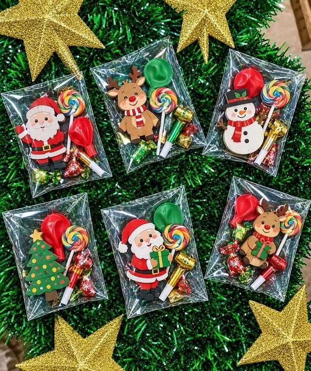 Christmas party favor bags on green tinsel