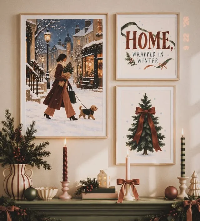 Framed Christmas printable wall art styled above a mantel with candles and greenery