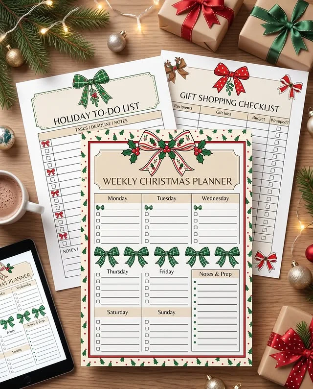 Printable holiday to-do list, gift shopping checklist and weekly Christmas planner sheets
