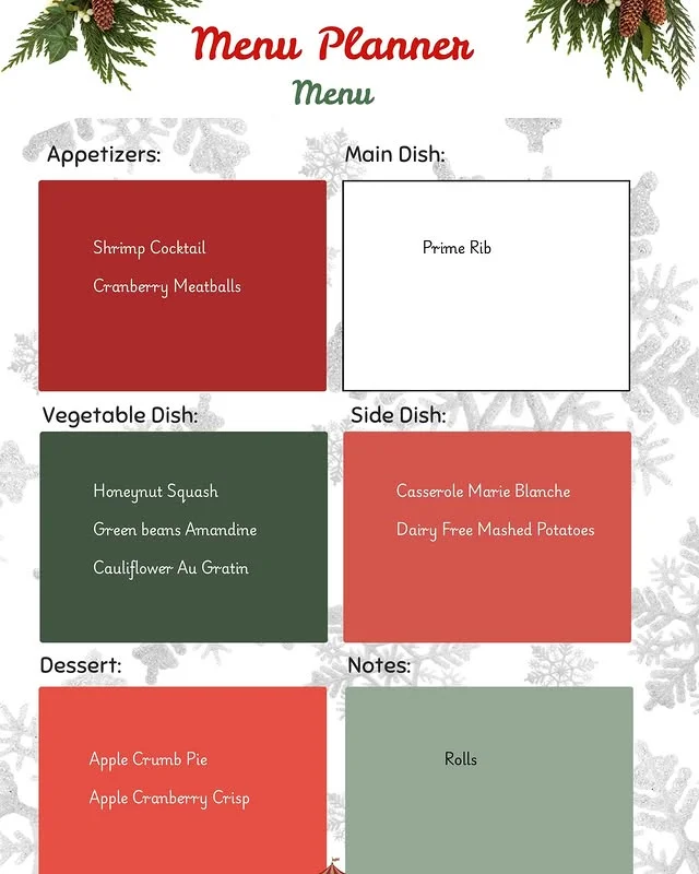 Printable Christmas menu planner with sections for appetizers, main dish and dessert