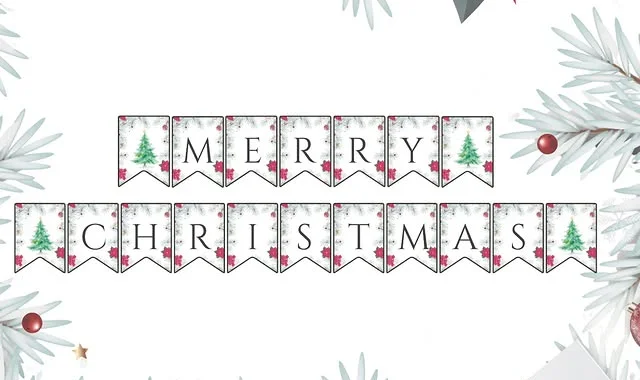 Printable Merry Christmas letter banner with tree and poinsettia flags