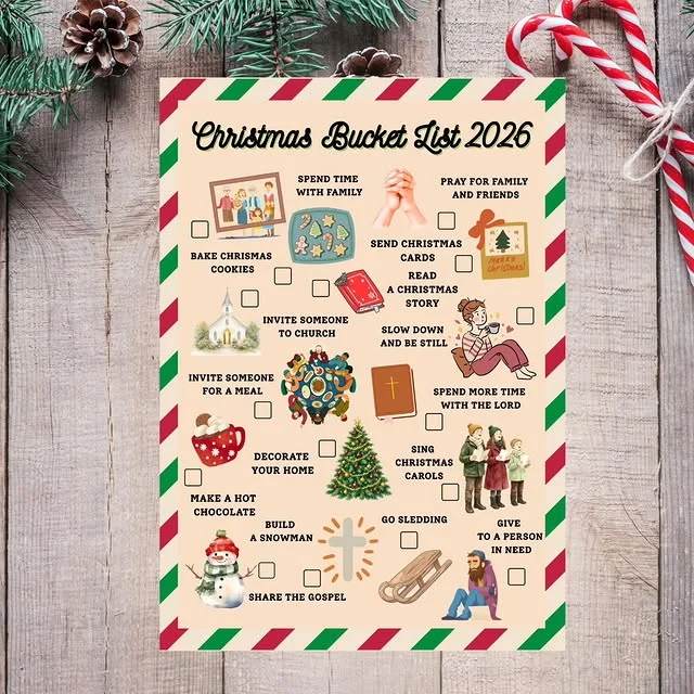 Christmas bucket list 2026 printable sheet on a rustic wooden surface