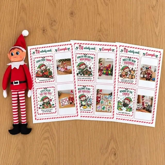 Printable elf activity note cards with an elf doll on a wooden table