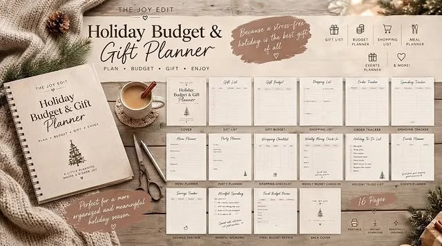 Holiday budget and gift planner pages laid out on a styled table