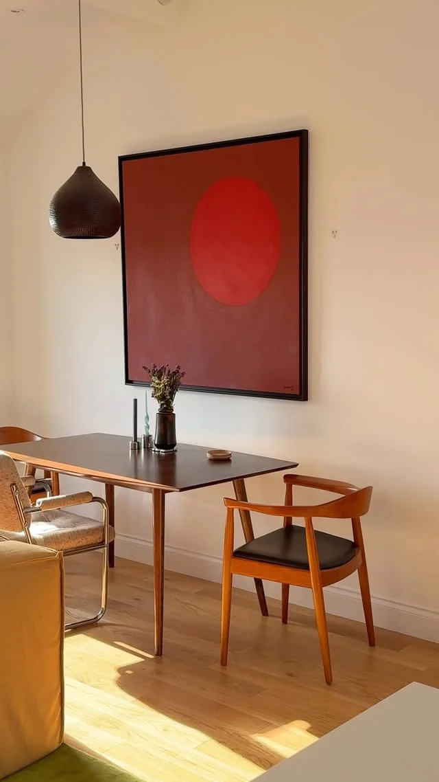 Minimal abstract canvas with one large red circle on a brown background hanging above a dining table