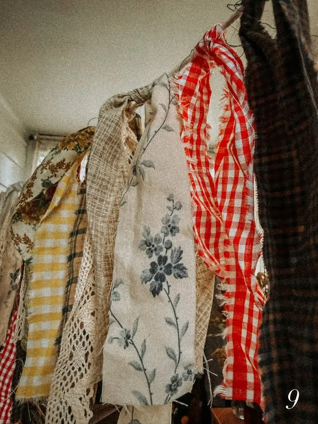 Fabric rag garland with red gingham and floral strips