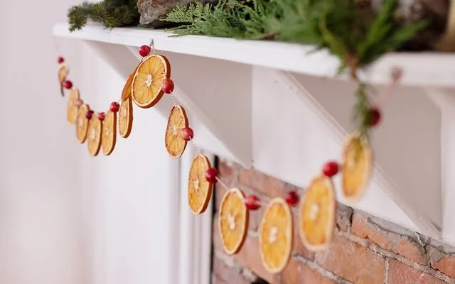 Dried orange slice and cranberry garland on a mantel