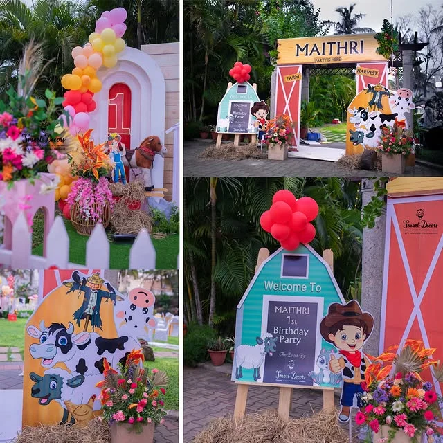 Farm birthday party entrance with welcome board and barn arch