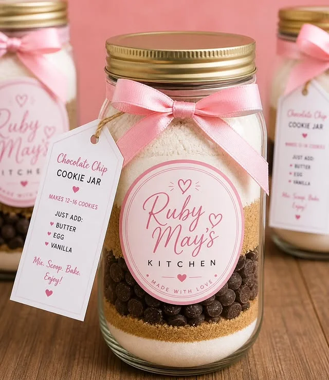 Layered chocolate chip cookie mix in a glass jar with pink ribbons and gift tags