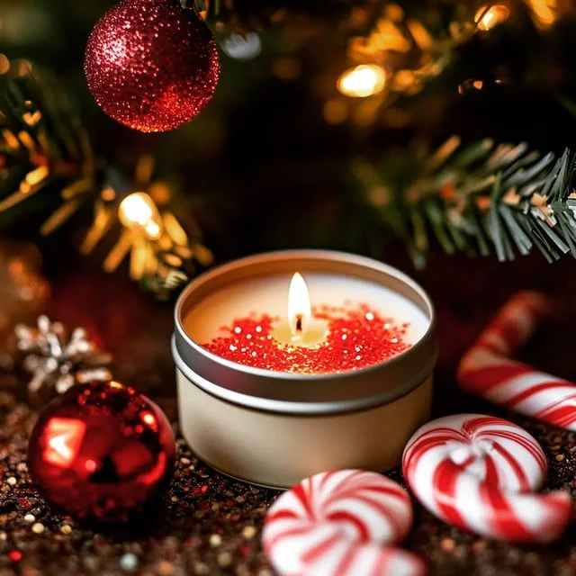 Lit tin candle with red glitter under a decorated Christmas tree