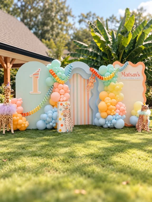 Pastel balloon arch with arched safari backdrop panels on a lawn