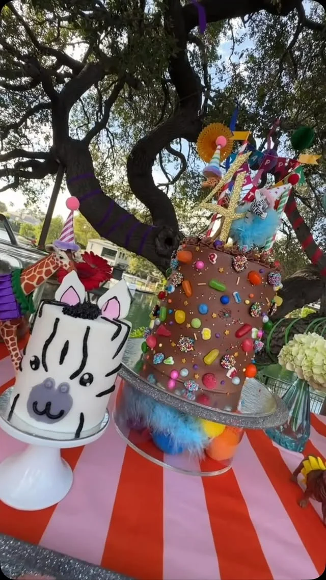 Zebra face cake and chocolate animal cake on a striped circus tablecloth