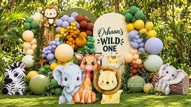 Garden backdrop with Wild One sign, balloon arches and animal cutouts
