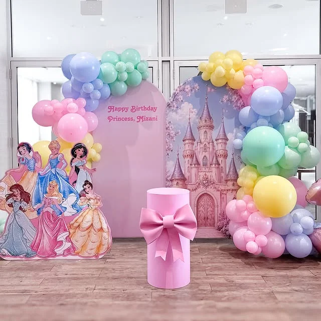 Two arched panels reading Happy Birthday Princess with pink balloons