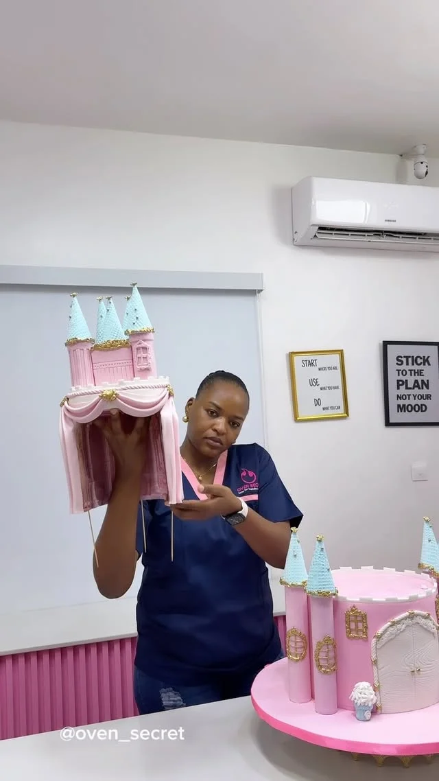 Two tier pink castle cake with light blue turrets and gold details